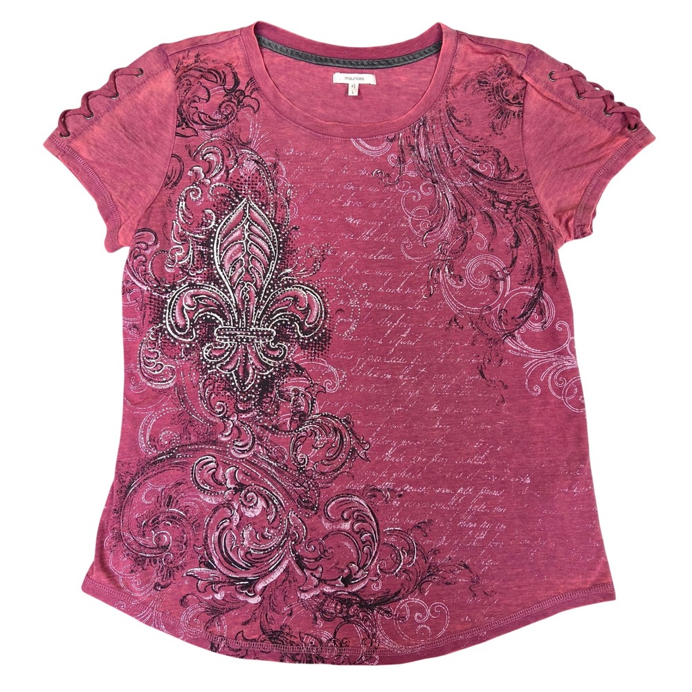 Maurices Burgundy Fleur-de-lis Graphic Tee Short Sleeve Large Western Cowgirl